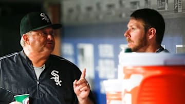 Jul 18, 2016; Seattle, WA, USA; Chicago White Sox pitching coach Don Cooper (99) talks with starting pitcher Chris Sale (49) in the dugout during the eighth inning against the Seattle Mariners at Safeco Field. Seattle defeated Chicago, 4-3. Mandatory Credit: Joe Nicholson-USA TODAY Sports