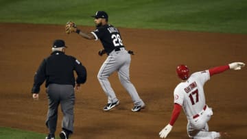 ANAHEIM, CA - APRIL 03: Leury Garcia #28 of the Chicago White Sox catches a wide throw as Shohei Ohtani #17 of the Los Angeles Angels steals second base during the fifth inning at Angel Stadium of Anaheim on April 3, 2021 in Anaheim, California. (Photo by Kevork Djansezian/Getty Images)