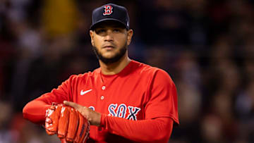 BOSTON, MA - OCTOBER 18: Eduardo Rodriguez #57 of the Boston Red Sox reacts during the sixth inning of game three of the 2021 American League Championship Series against the Houston Astros at Fenway Park on October 18, 2021 in Boston, Massachusetts. (Photo by Billie Weiss/Boston Red Sox/Getty Images)