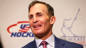 DENVER, CO - DECEMBER 09: Head coach Tony Granato of the Wisconsin Badgers speaks with media before being inducted into the the U.S. Hockey Hall of Fame Class of 2020 at Denver Marriott Tech Center on December 9, 2021 in Denver, Colorado. (Photo by C. Morgan Engel/Getty Images)