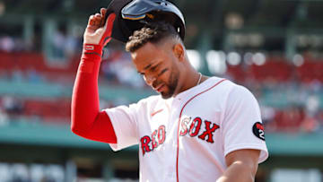 BOSTON, MA - MAY 5: Xander Bogaerts #2 of the Boston Red Sox heads to the dugout after a pop up out against the Los Angeles Angels during the eighth inning at Fenway Park on May 5, 2022 in Boston, Massachusetts. (Photo By Winslow Townson/Getty Images)