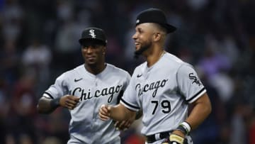 CLEVELAND, OH - JULY 13: Jose Abreu #79 and Tim Anderson #7 of the Chicago White Sox celebrate a 2-1 win against the Cleveland Guardians at Progressive Field on July 13, 2022 in Cleveland, Ohio. (Photo by Ron Schwane/Getty Images)