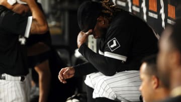 CHICAGO, ILLINOIS - AUGUST 26: Johnny Cueto #47 of the Chicago White Sox wipes sweat from his forehead in the dugout after allowing six runs in the second inning at Guaranteed Rate Field on August 26, 2022 in Chicago, Illinois. (Photo by Chase Agnello-Dean/Getty Images)