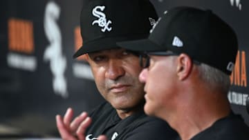 CHICAGO, IL - AUGUST 31: Bench Coach Miguel Cairo #41 of the Chicago White Sox talks with third base coach Joe McEwing #47 in the dugout before a game against the Kansas City Royals at Guaranteed Rate Field on August 31, 2022 in Chicago, Illinois. (Photo by Jamie Sabau/Getty Image)