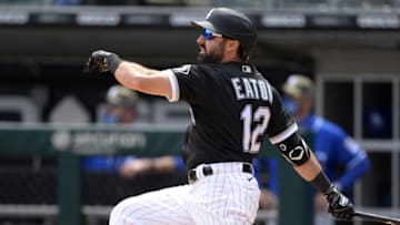 CHICAGO - MAY 16: Adam Eaton #12 of the Chicago White Sox hits a two run home run against the Kansas City Royals in the fifth inning on May 16, 2021 at Guaranteed Rate Field in Chicago, Illinois. (Photo by Ron Vesely/Getty Images)