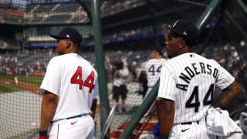 DENVER, COLORADO - JULY 12: Rafael Devers #11 of the Boston Red Sox and Tim Anderson #7 of the Chicago White Sox stand at the cage during the Gatorade All-Star Workout Day at Coors Field on July 12, 2021 in Denver, Colorado. (Photo by Justin Edmonds/Getty Images)