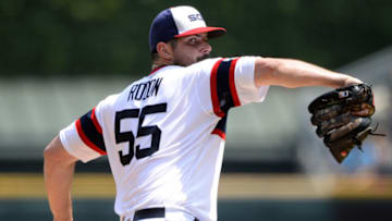 CHICAGO - JULY 18: Carlos Rodon #55 of the Chicago White Sox pitches against the Houston Astros on July 18, 2021 at Guaranteed Rate Field in Chicago, Illinois. Rodon pitched seven innings of one-hit ball as the White Sox defeated the Astros 4-0. (Photo by Ron Vesely/Getty Images)