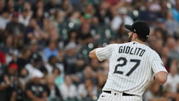 CHICAGO, ILLINOIS - AUGUST 04: Lucas Giolito #27 of the Chicago White Sox throws a pitch against the Kansas City Royals at Guaranteed Rate Field on August 04, 2021 in Chicago, Illinois. (Photo by Nuccio DiNuzzo/Getty Images)