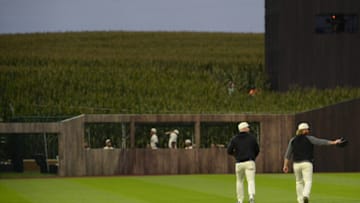 DYSERSVILLE, IA - AUGUST 12: Liam Hendriks #31 (L) and Craig Kimbrel #46 of the Chicago White Sox look on while walking towards the bullpen during the game against the New York Yankees on August 12, 2021 at Field of Dreams in Dyersville, Iowa. (Photo by Ron Vesely/Getty Images)