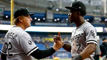 ST PETERSBURG, FLORIDA - AUGUST 20: Tim Anderson #7 and manager Tony La Russa #22 of the Chicago White Sox shake hands after defeating the Tampa Bay Rays by a score of 7-5 at Tropicana Field on August 20, 2021 in St Petersburg, Florida. (Photo by Douglas P. DeFelice/Getty Images)