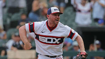 CHICAGO, ILLINOIS - AUGUST 29: Liam Hendriks #31 of the Chicago White Sox reacts after getting the last out of the 9th inning against the Chicago Cubs at Guaranteed Rate Field on August 29, 2021 in Chicago, Illinois. The White Sox defeated the Cubs 13-1. (Photo by Jonathan Daniel/Getty Images)