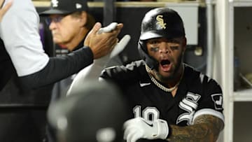 CHICAGO - SEPTEMBER 15: Yoan Moncada #10 of the White Sox celebrates with teammates after hitting a home run against the Los Angeles Angels on September 15, 2021 at Guaranteed Rate Field in Chicago, Illinois. (Photo by Ron Vesely/Getty Images)