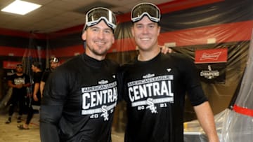 CLEVELAND - SEPTEMBER 23: Yasmini Grandal and Gavin Sheets (L to R) of the Chicago White Sox celebrate clinching the American League Central title following the second game of a doubleheader against the Cleveland Indians on September 23, 2021 at Progressive Field in Cleveland, Ohio. The White Sox clinched the American League Central title by wining the first game of the doubleheader. (Photo by Ron Vesely/Getty Images)