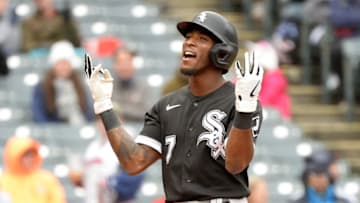 CLEVELAND - SEPTEMBER 23: Tim Anderson #7 of the Chicago White Sox celebrates after hitting a three-run home run, his second home run of the game, in the second inning during the first game of a doubleheader against the Cleveland Indians on September 23, 2021 at Progressive Field in Cleveland, Ohio. (Photo by Ron Vesely/Getty Images)