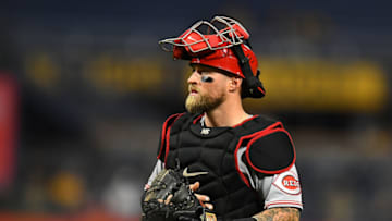 PITTSBURGH, PA - SEPTEMBER 14: Tucker Barnhart #16 of the Cincinnati Reds in action during the game against the Pittsburgh Pirates at PNC Park on September 14, 2021 in Pittsburgh, Pennsylvania. (Photo by Joe Sargent/Getty Images)