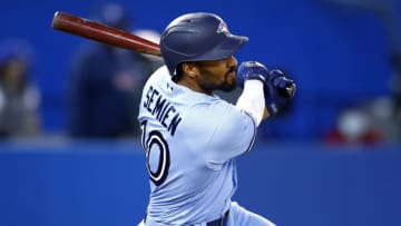 TORONTO, ON - SEPTEMBER 29: Marcus Semien #10 of the Toronto Blue Jays bats during a MLB game against the New York Yankees at Rogers Centre on September 29, 2021 in Toronto, Ontario, Canada. (Photo by Vaughn Ridley/Getty Images)