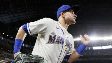 SEATTLE, WASHINGTON - OCTOBER 03: Jarred Kelenic #10 of the Seattle Mariners takes the field before the game against the Los Angeles Angels at T-Mobile Park on October 03, 2021 in Seattle, Washington. (Photo by Steph Chambers/Getty Images)