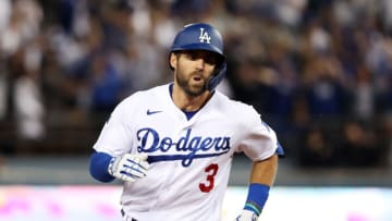 LOS ANGELES, CALIFORNIA - OCTOBER 06: Chris Taylor #3 of the Los Angeles Dodgers celebrates his walk off two-run home run in the ninth inning to defeat the St. Louis Cardinals 3 to 1 during the National League Wild Card Game at Dodger Stadium on October 06, 2021 in Los Angeles, California. (Photo by Sean M. Haffey/Getty Images)