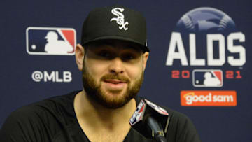 HOUSTON - OCTOBER 07: Lucas Giolito #27 of the Chicago White Sox meets the media during a press conference prior to Game One of the American League Division Series against the Houston Astros on October 7, 2021 at Minute Maid Park in Houston, Texas. (Photo by Ron Vesely/Getty Images)