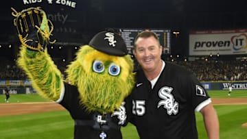 CHICAGO - OCTOBER 10: Hall of Fame and former Chicago White Sox star Jim Thome throws a ceremonial first pitch prior to Game Three of the American League Division Series against the Houston Astros on October 10, 2021 at Guaranteed Rate Field in Chicago, Illinois. (Photo by Ron Vesely/Getty Images)