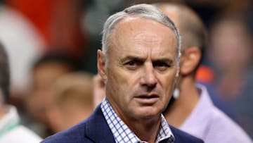 HOUSTON, TEXAS - OCTOBER 26: Major League Baseball Commissioner Rob Manfred looks on prior to Game One of the World Series between the Atlanta Braves and the Houston Astros at Minute Maid Park on October 26, 2021 in Houston, Texas. (Photo by Bob Levey/Getty Images)