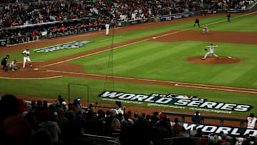 ATLANTA, GEORGIA - OCTOBER 31: Austin Riley #27 of the Atlanta Braves hits a single against Kendall Graveman #31 of the Houston Astros during the eighth inning in Game Five of the World Series at Truist Park on October 31, 2021 in Atlanta, Georgia. (Photo by Maddie Meyer/Getty Images)