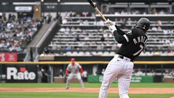 CHICAGO, ILLINOIS - MAY 01: Tim Anderson #7 of the Chicago White Sox hits a single in the first inning against the Los Angeles Angels at Guaranteed Rate Field on May 01, 2022 in Chicago, Illinois. (Photo by Quinn Harris/Getty Images)