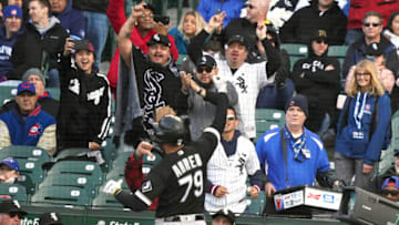 CHICAGO, ILLINOIS - MAY 04: Jose Abreu #79 of the Chicago White Sox reacts towards the fans following his home run during the first inning of a game against the Chicago Cubs at Wrigley Field on May 04, 2022 in Chicago, Illinois. (Photo by Nuccio DiNuzzo/Getty Images)