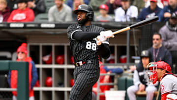 CHICAGO - MAY 02: Luis Robert #88 of the Chicago White Sox singles in the first inning against the Los Angeles Angels on May 2, 2022 at Guaranteed Rate Field in Chicago, Illinois. (Photo by Ron Vesely/Getty Images)