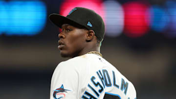 MIAMI, FLORIDA - MAY 16: Jazz Chisholm Jr. #2 of the Miami Marlins looks on against the Washington Nationals during the eighth inning at loanDepot park on May 16, 2022 in Miami, Florida. (Photo by Michael Reaves/Getty Images)