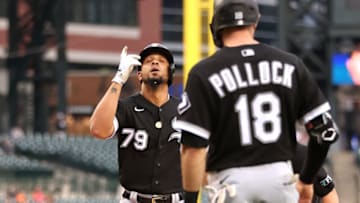 DETROIT, MICHIGAN - JUNE 13: Jose Abreu #79 of the Chicago White Sox celebrates his two run first inning home run in behind AJ Pollock #18 while playing the Detroit Tigers at Comerica Park on June 13, 2022 in Detroit, Michigan. (Photo by Gregory Shamus/Getty Images)