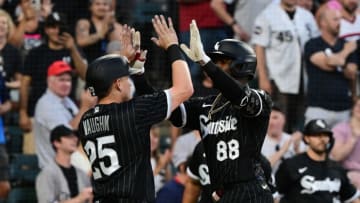 CHICAGO, ILLINOIS - JUNE 20: Andrew Vaughn #25 and Luis Robert #88 of the Chicago White Sox celebrate after the two run home run in the third inning against the Toronto Blue Jays at Guaranteed Rate Field on June 20, 2022 in Chicago, Illinois. (Photo by Quinn Harris/Getty Images)