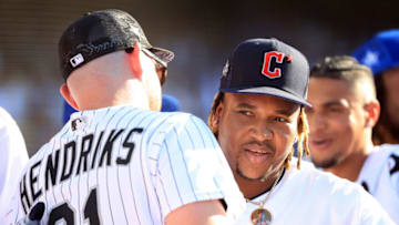 LOS ANGELES, CALIFORNIA - JULY 18: Jose Ramirez #11 of the Cleveland Guardians hugs Liam Hendriks #31 of the Chicago White Sox during the 2022 T-Mobile Home Run Derby at Dodger Stadium on July 18, 2022 in Los Angeles, California. (Photo by Sean M. Haffey/Getty Images)
