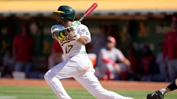OAKLAND, CALIFORNIA - AUGUST 10: Elvis Andrus #17 of the Oakland Athletics bats against the Los Angeles Angels in the bottom of the 11th inning at RingCentral Coliseum on August 10, 2022 in Oakland, California. (Photo by Thearon W. Henderson/Getty Images)