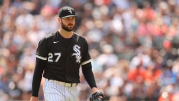 CHICAGO, ILLINOIS - AUGUST 18: Lucas Giolito #27 of the Chicago White Sox reacts against the Houston Astros at Guaranteed Rate Field on August 18, 2022 in Chicago, Illinois. (Photo by Michael Reaves/Getty Images)