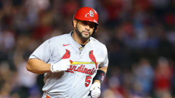 CHICAGO, ILLINOIS - AUGUST 22: Albert Pujols #5 of the St. Louis Cardinals rounds the bases after hitting a solo home run off Drew Smyly #11 of the Chicago Cubs during the seventh inning at Wrigley Field on August 22, 2022 in Chicago, Illinois. (Photo by Michael Reaves/Getty Images)