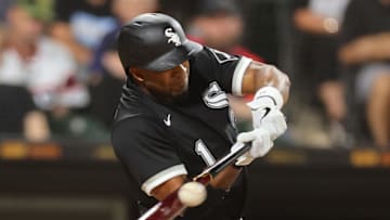 CHICAGO, ILLINOIS - AUGUST 30: Elvis Andrus #1 of the Chicago White Sox singles during the fifth inning against the Kansas City Royals at Guaranteed Rate Field on August 30, 2022 in Chicago, Illinois. (Photo by Michael Reaves/Getty Images)