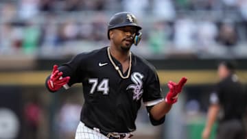 CHICAGO, IL - SEPTEMBER 03: Eloy Jimenez #74 of the Chicago White Sox celebrates a home run against the Minnesota Twins on September 3, 2022 at Guaranteed Rate Field in Chicago, Illinois. (Photo by Brace Hemmelgarn/Minnesota Twins/Getty Images)