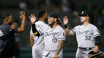 OAKLAND, CALIFORNIA - SEPTEMBER 08: Yoan Moncada #10 of the Chicago White Sox celebrates with teammates after a win against the Oakland Athletics at RingCentral Coliseum on September 08, 2022 in Oakland, California. (Photo by Lachlan Cunningham/Getty Images)
