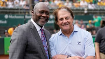 OAKLAND, CALIFORNIA - SEPTEMBER 11: Former Oakland Athletics pitcher Dave Stewart (L) and Tony La Russa, former manager of the Athletics and current manager of the Chicago White Sox, pose together for this photo during the retirement of his jersey number 34 by the Athletics prior to the game against the White Sox at RingCentral Coliseum on September 11, 2022 in Oakland, California. (Photo by Thearon W. Henderson/Getty Images)