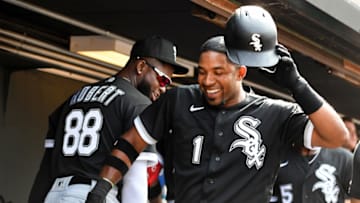CLEVELAND, OH - SEPTEMBER 15: Elvis Andrus #1 of the Chicago White Sox celebrates with Luis Robert #88 after hitting a solo home run off Hunter Gaddis of the Cleveland Guardians during the fifth inning at Progressive Field on September 15, 2022 in Cleveland, Ohio. (Photo by Nick Cammett/Getty Images)
