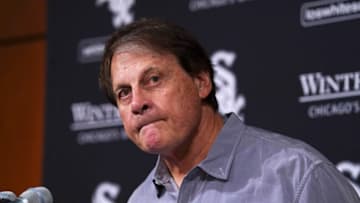 CHICAGO, ILLINOIS - OCTOBER 03: Manager Tony La Russa #22 of the Chicago White Sox answers questions from reporters after reading a prepared statement announcing his retirement during a press conference prior to a game between the Chicago White Sox and the Minnesota Twins at Guaranteed Rate Field on October 03, 2022 in Chicago, Illinois. (Photo by Nuccio DiNuzzo/Getty Images)