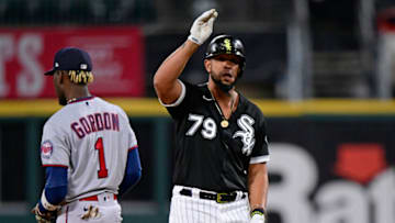 CHICAGO, ILLINOIS - OCTOBER 04: Jose Abreu #79 of the Chicago White Sox reacts at second base after his double in the first inning against the Minnesota Twins at Guaranteed Rate Field on October 04, 2022 in Chicago, Illinois. (Photo by Quinn Harris/Getty Images)
