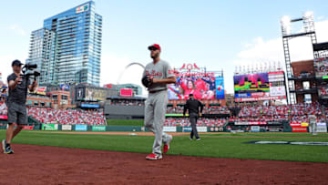 ST LOUIS, MISSOURI - OCTOBER 07: Zack Wheeler #45 of the Philadelphia Phillies leaves the game during the seventh inning against the St. Louis Cardinals during Game One of the NL Wild Card series at Busch Stadium on October 07, 2022 in St Louis, Missouri. (Photo by Stacy Revere/Getty Images)