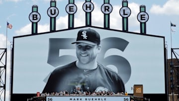CHICAGO, IL - JUNE 24: A video is played in tribute to former Chicago White Sox pitcher Mark Buehrle at the start of the ceremony to retire his number before the game between the Chicago White Sox and the Oakland Athletics at Guaranteed Rate Field on June 24, 2017 in Chicago, Illinois. (Photo by Jon Durr/Getty Images)
