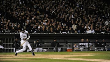 CHICAGO - OCTOBER 5: Alexei Ramirez #10 of the Chicago White Sox bats while 40,142 White Sox fans participate in a "rolling blackout" during the game against the Tampa Bay Rays at U.S. Cellular Field in Chicago, Illinois on October 5, 2008. The White Sox defeated the Rays 5-3. (Photo by Ron Vesely/MLB Photos via Getty Images)