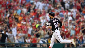 WASHINGTON, DC - MAY 04: Bryce Harper #34 of the Washington Nationals runs the bases after hitting a lead-off home run in the first inning against the Philadelphia Phillies at Nationals Park on May 4, 2018 in Washington, DC. (Photo by Patrick McDermott/Getty Images)