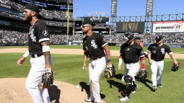 CHICAGO - MAY 29: Jose Abreu #79 and Yoan Moncada #10 of the Chicago White Sox celebrate after the game against the Baltimore Orioles during the first game of a doubleheader on May 29, 2021 at Guaranteed Rate Field in Chicago, Illinois. (Photo by Ron Vesely/Getty Images)