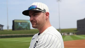 Aug 12, 2021; Dyersville, Iowa, USA; Chicago White Sox relief pitcher Liam Hendriks (31) takes questions from the media before the game against the New York Yankees at the Field of Dreams. Mandatory Credit: Reese Strickland-USA TODAY Sports