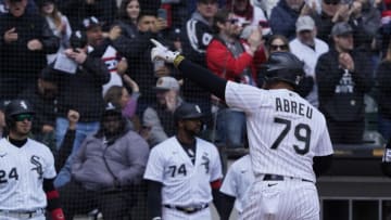 Apr 16, 2022; Chicago, Illinois, USA; Chicago White Sox first baseman Jose Abreu (79) gestures after crossing home plate after hitting a two run home run against the Tampa Bay Rays during the fourth inning at Guaranteed Rate Field. Mandatory Credit: David Banks-USA TODAY Sports